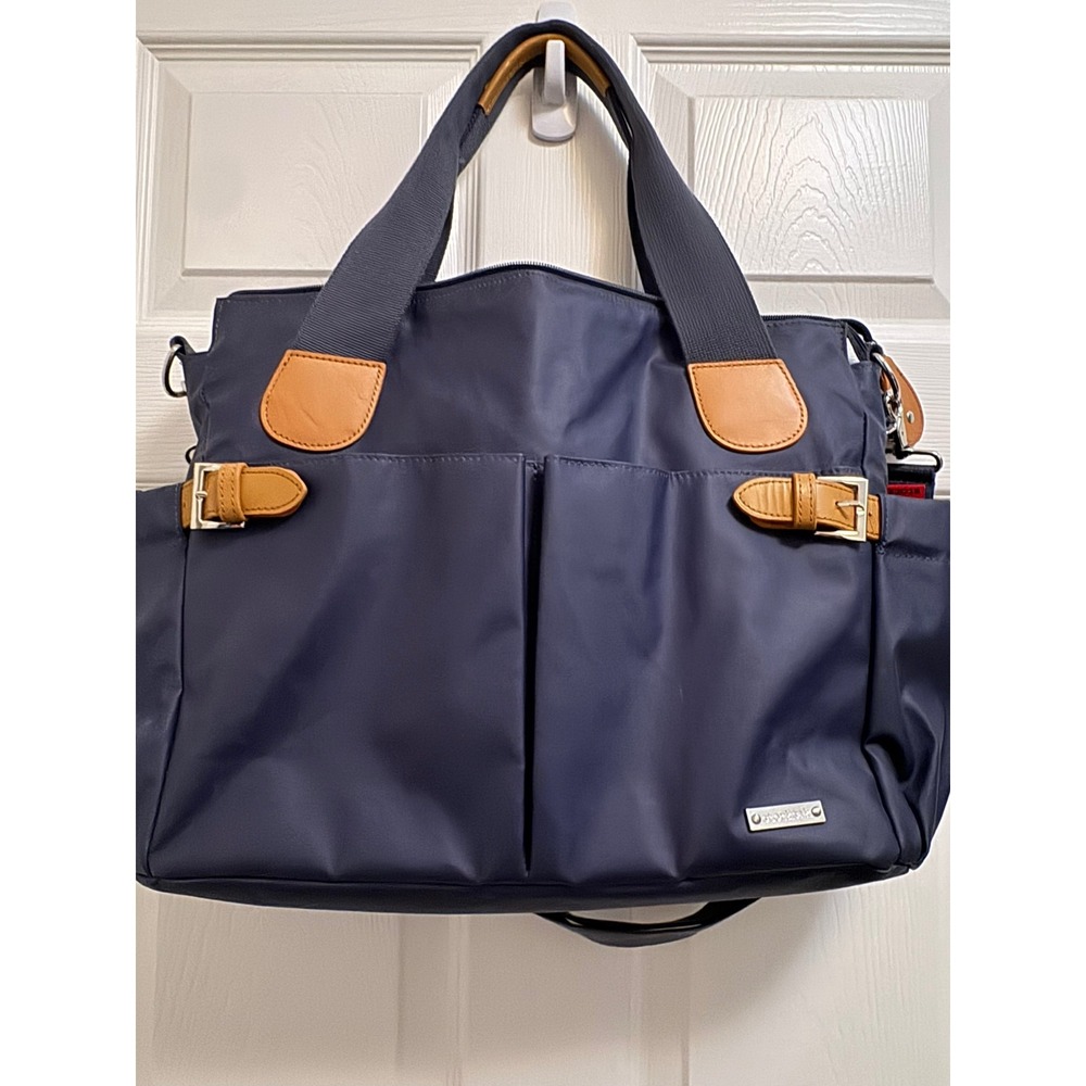 Storksak London Bobby Diaper Bag Navy Nylon Tan Trim Tote Travel Bag